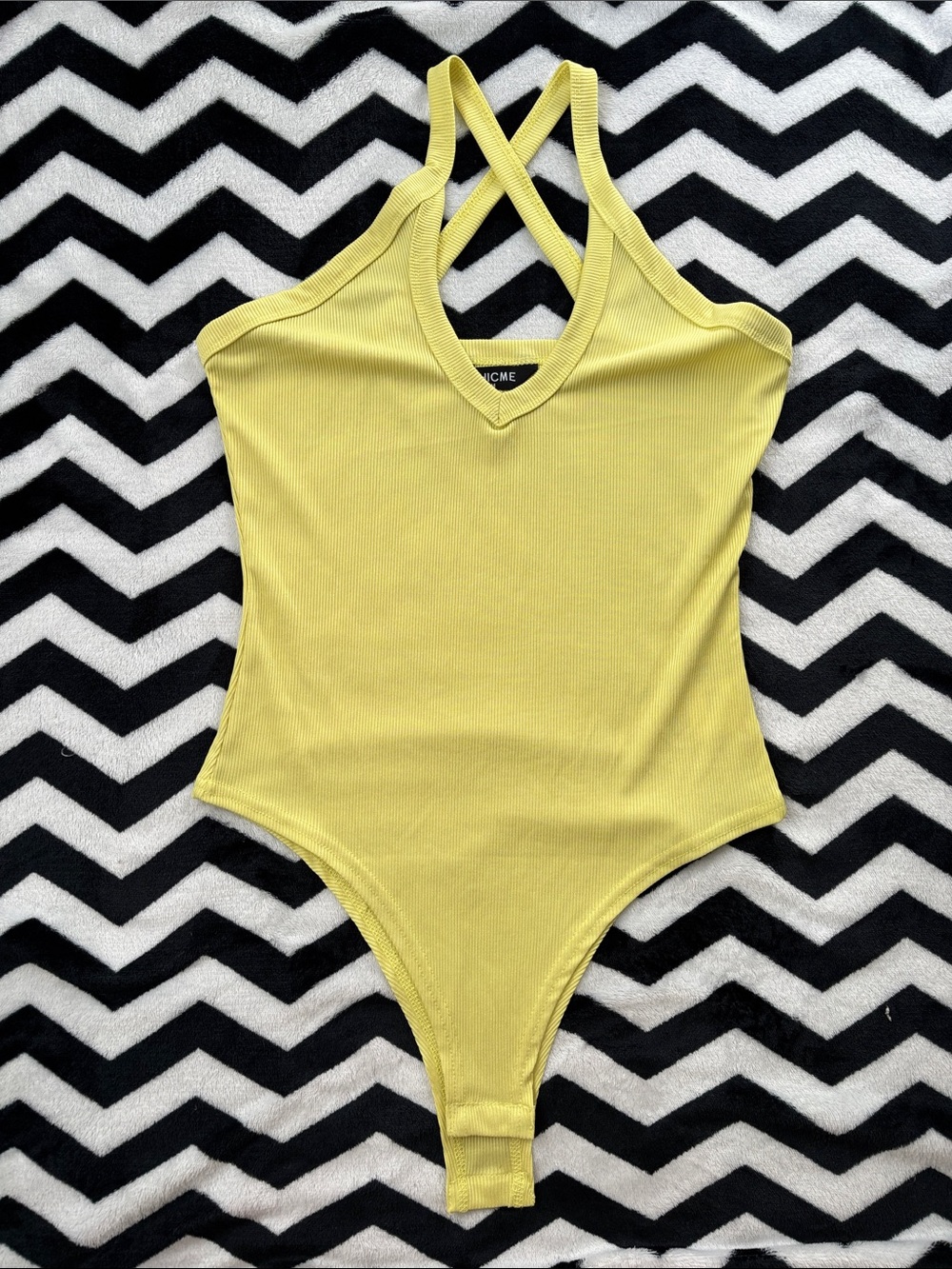 Ribbed Yellow Cross-Back V-Neck Bodysuit